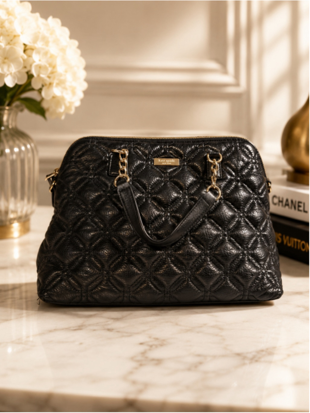 Kate Spade Quilted Satchel Bag Black Gold w/ COA & Optional Shoulder Strap